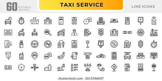 Taxi cab, car service line icon set. Rideshare, travel driver, passenger, taxi app, fare, Hail a Cab, location, rent a car, vector icon collection. UI outline icon pack
