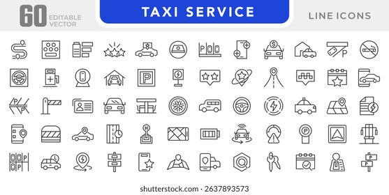Taxi cab, car service line icon set. Rideshare, travel driver, passenger, taxi app, fare, Hail a Cab, location, rent a car, vector icon collection. UI outline icon pack