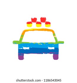 Taxi cab or car. Simple icon. Drawing sign with LGBT style, seven colors of rainbow (red, orange, yellow, green, blue, indigo, violet