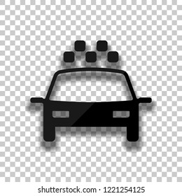 Taxi cab or car. Simple icon. Black glass icon with soft shadow on transparent background