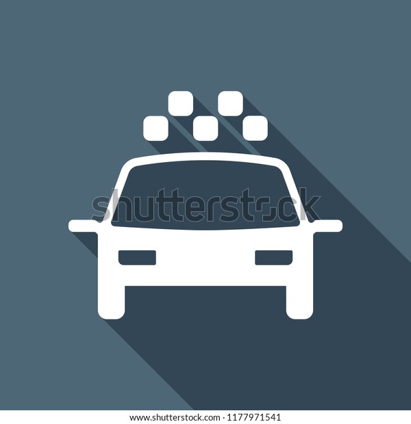 Taxi cab or car. Simple icon. White flat icon\
with long shadow on\
background