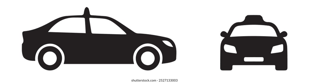 Logotipo, símbolo, ícono del Vector del coche del taxi. Diseños planos del pictograma de la vista delantera y lateral del coche del taxi, Ilustración vectorial.