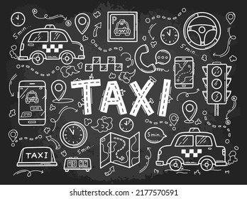 Taxi, Cab And Cars Hand Drawn Vector Chalk Icons Set On The Blackboard In Doodle Sketch Style. Traffic Light, Navigation And Signs. Black Background