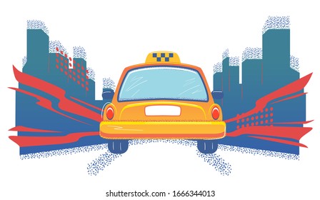 Taxi cab in the city back view. Flat banner template on white background. Empty space for number. Yellow auto car vector illustration. Isolated transportation service sign. Rearview concept.