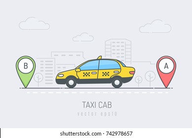 Taxi cab in the city driving from location A to location B, vector illustration in monoline style