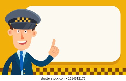 Taxi cab driver and bubble speech. Tips from taxi driver. Advertising banner for taxi service. Important message. Vector illustration, flat design, cartoon style.