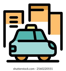 Taxi cab driving in urban city environment with buildings in the background, representing transportation, travel, and commuting