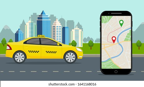 Taxi cab with mobile app. Taxi service with online map on phone, city background. Smartphone application with location ride on street. Yellow car on road by order of passenger. Flat design vector