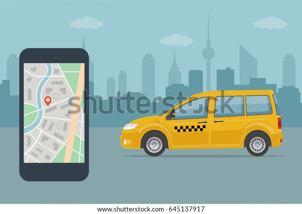 Taxi cab and\
mobile phone with map on city background. Taxi service concept .\
Flat style vector illustration.\
