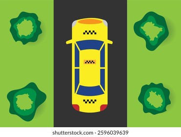 Taxi Cab on the Road Top View. Transportation and passenger service vehicles concept vector art