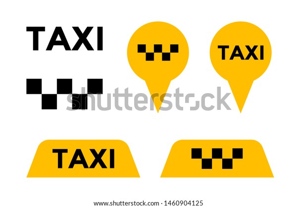 Taxi cab service vector icon set. Yellow\
signboard and pin signs of passenger city transport markers. Vector\
illustration