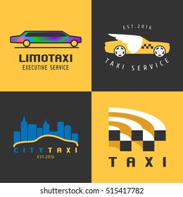 Taxi, cab set of vector logo, icon. Car hire black and yellow background, badge, taxi app emblem. Car and city, limo taxi design elements