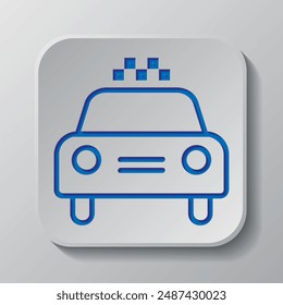 Taxi, Taxi einfache Icon-Vektorgrafik. Flaches Design. Papierschnittdesign. Ausgeschnittenes blaues Symbol mit Schatten. Graues Abzeichen Button, grauer Hintergrund.ai