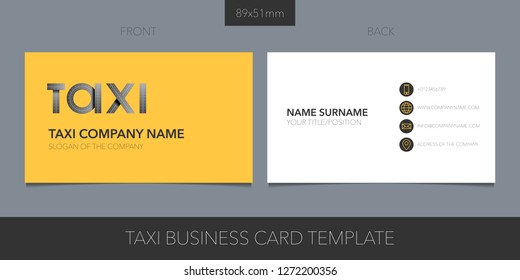 Taxi, cab vector business card template with corporate logo, icon and contact details. Presentation card with car hire yellow editable design 