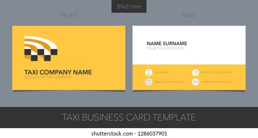 Taxi, cab vector business card layout. Template contact information and logo. Car hire symbol and taxi checkers 