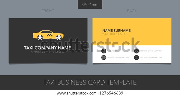 Taxi, cab vector business card with logo, icon and\
contact details. Car hire black and yellow card with taxi car\
driver information 