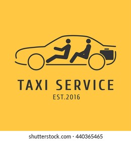 Taxi, Cab Vector Logo, Design. Car Hire Black And Yellow Background, Badge, App Emblem. Driver And Passenger In Taxi Graphic Icon