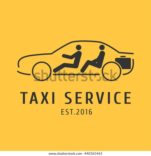Taxi, cab vector logo, design. Car hire black and\
yellow background, badge, app emblem. Driver and passenger in taxi\
graphic icon