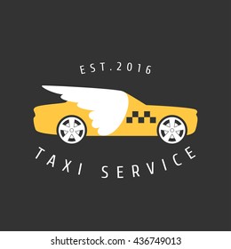 Taxi, cab vector logo, icon. Car hire black and yellow background, badge, app emblem. Taxi with wings design element