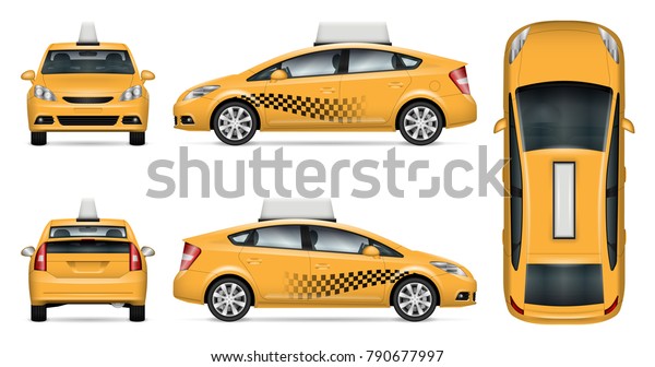 出租车驾驶室矢量模拟广告 企业身份 城市汽车在白色背景的孤立模板 车辆品牌模型 易于编辑和重新着色 从侧面 前面 背面和顶部查看 库存矢量图 免版税