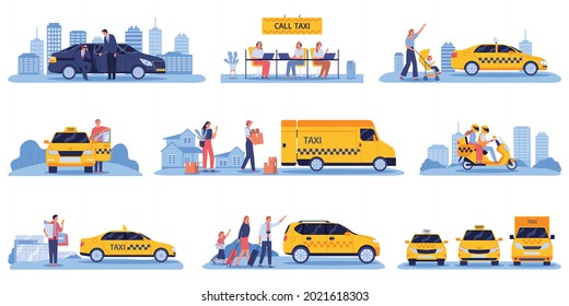 Cabinas de taxi con conductores y pasajeros con vehículos de lujo ilustraciones vectoriales