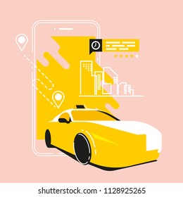 taxi call app, cab service, mobile app, flat smartphone and isometric car vector illustration