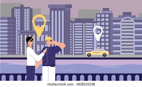 Taxi call application flat composition with outdoor scenery with location signs and passengers waiting for car vector illustration