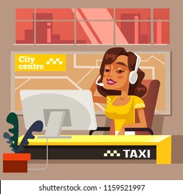 Taxi call center office woman character. Vector flat cartoon illustration