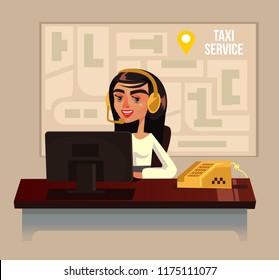 Taxi call center office woman character. Vector flat cartoon illustration