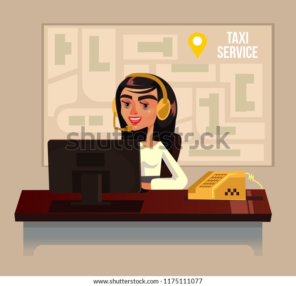 Taxi call center office woman character.\
Vector flat cartoon\
illustration
