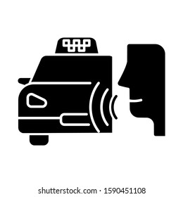 Taxi call glyph icon. Transport search voice command. Sound control, audio order, conversation. Smart virtual assistant. Silhouette symbol. Negative space. Vector isolated illustration