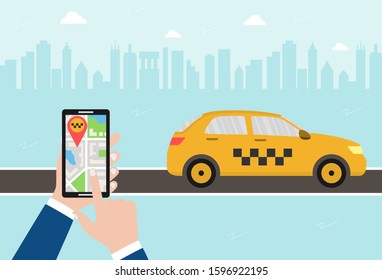 Taxi call mobile application concept. Male hand holds a smartphone with a city map and GPS, destination. Yellow taxi car on the road. Flat vector illustration on urban background.