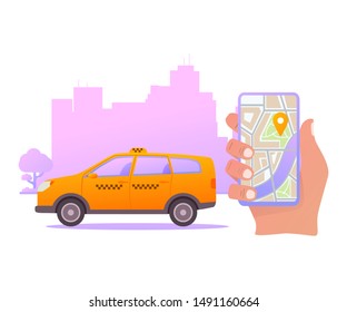 Taxi call mobile application. Smartphone with map navigation. Urban landscape with skyscrapers.Yellow cab car. Flat vector illustration.