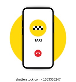 The taxi call on screen phone on yellow and white background. Vector illustration.
