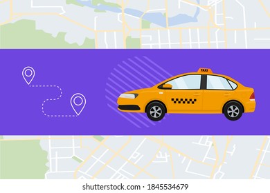 Taxi call service. Taxi car on the background of a city map with an address label. Vector illustration