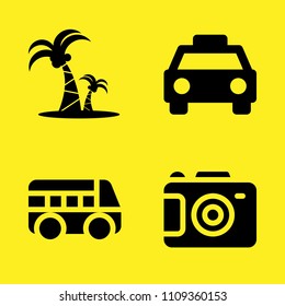 taxi, camera, coconut trees and bus vector icon set. Sample icons set for web and graphic design