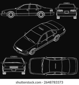 Táxi carro projeto com ilustração vetorial detalhada sobre fundo preto. O design destaca faróis, grade e rodas com precisão. O fundo escuro realça a silhueta elegante do carro.