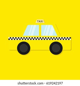 Taxi car cab icon. Cartoon transportation collection. Taxicab. Checker line, light sign. New York symbol. Isolated. Yellow background. Vector illustration