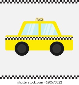Taxi car cab icon. Cartoon transportation collection. Yellow taxicab. Checker line frame, light sign. New York symbol. Isolated. White background. Vector illustration