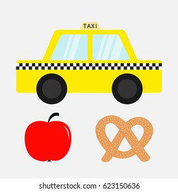 Taxi car cab icon. Soft pretzel bakery. Red apple fruit. New York symbol. Cartoon transportation collection. Yellow taxicab. Checker line, light sign. Isolated. White background. Vector illustration