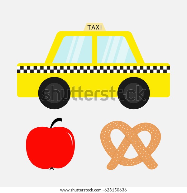 Taxi car cab icon. Soft pretzel bakery. Red\
apple fruit. New York symbol. Cartoon transportation collection.\
Yellow taxicab. Checker line, light sign. Isolated. White\
background. Vector\
illustration