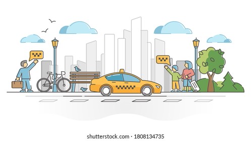 Taxi car or cab as passenger and luggage transport in city outline concept. Urban traffic transportation road service scene with yellow sign and requesting persons on street vector illustration.