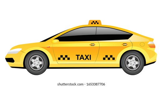 Taxi Auto Cartoon Vektorillustration Illustration. Traditionelles gelbes Kabinenflachobjekt. Stadtreisefahrzeug einzeln auf weißem Hintergrund. Öffentlicher Nahverkehr. Moderner Meerblick