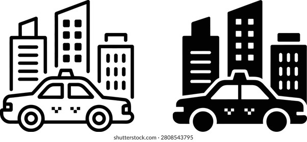 Taxi car and city skyline vector illustration