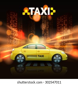 Taxi car with city skyscrapers in spotlights on background vector illustration