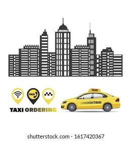 Taxi car. City transport service icon set. Taxi ordering. Flat style. City silhouette with skyscrapers and tower. Branding mockup. Vector flat illustration isolated on white background.