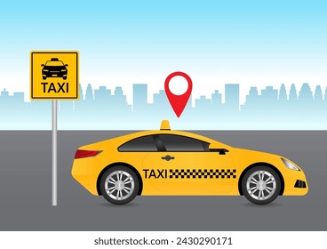 Taxi Car. Taxi in the City. Vector Illustration. 