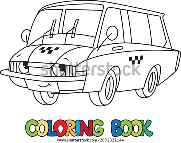 Taxi car\
coloring book for kids. Small funny vector cute vehicle with eyes\
and mouth. Children vector\
illustration