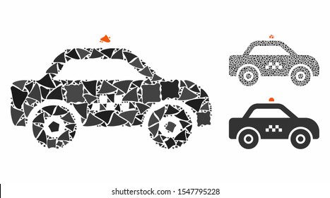 Taxi car composition of joggly elements in various sizes and color tones, based on taxi car icon. Vector joggly elements are grouped into collage. Taxi car icons collage with dotted pattern.