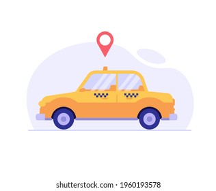 Taxi Car. Concept Of Taxi Service, Geolocation, Convenient Use, Car, Driver, Homecoming. Vector Illustration In Flat Design For Mobile App, Web Banner.